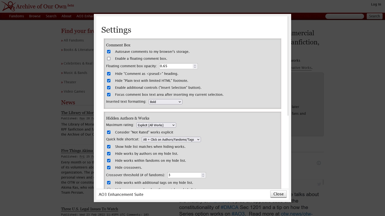 The extension's settings window.